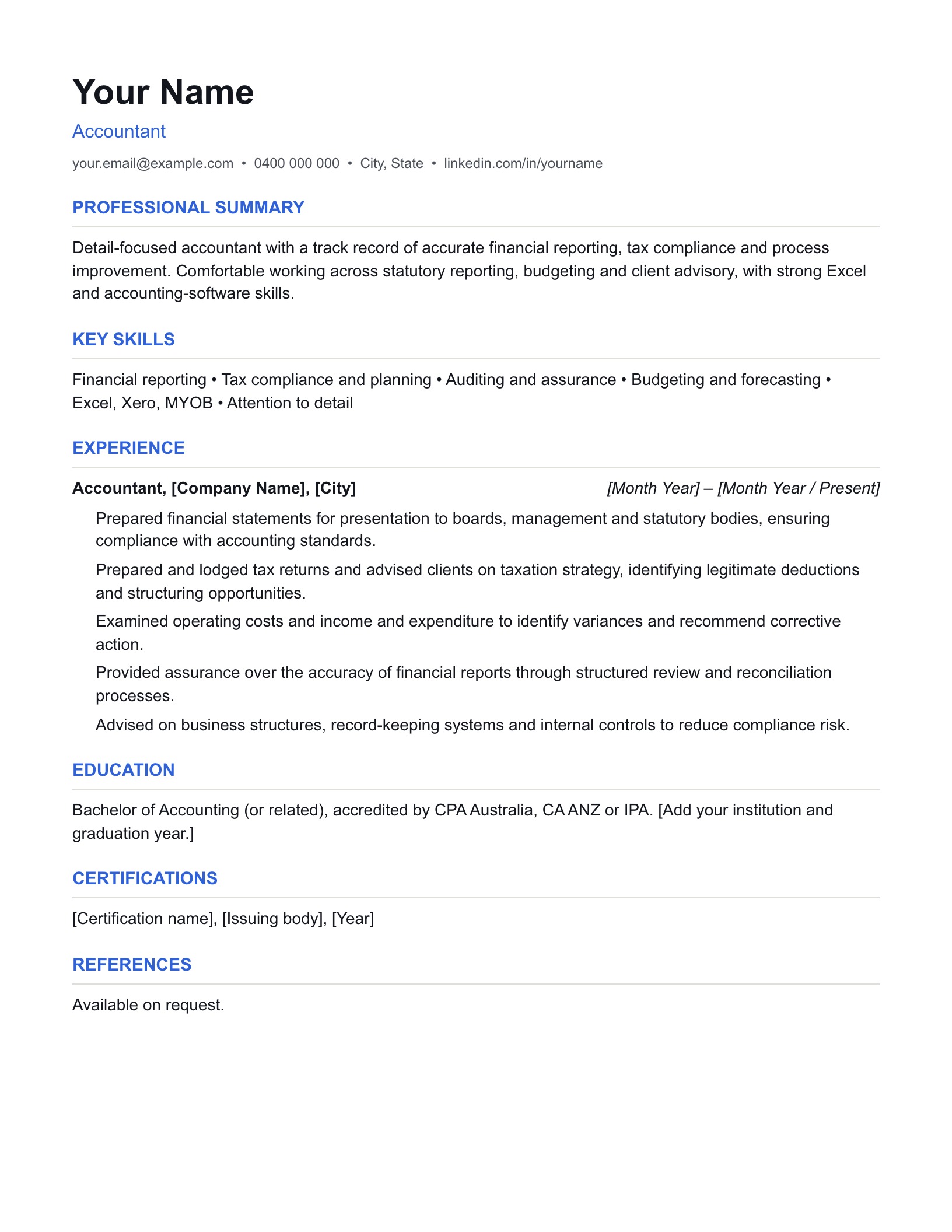 Accountant resume template preview: an Australian example with a professional summary, key skills, experience bullet points and education sections filled in