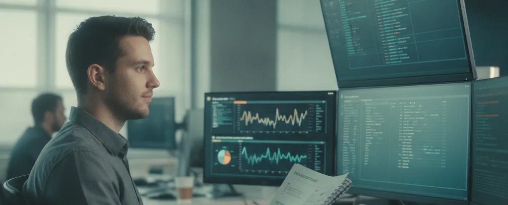 Illustration of a person working as a cyber security analyst