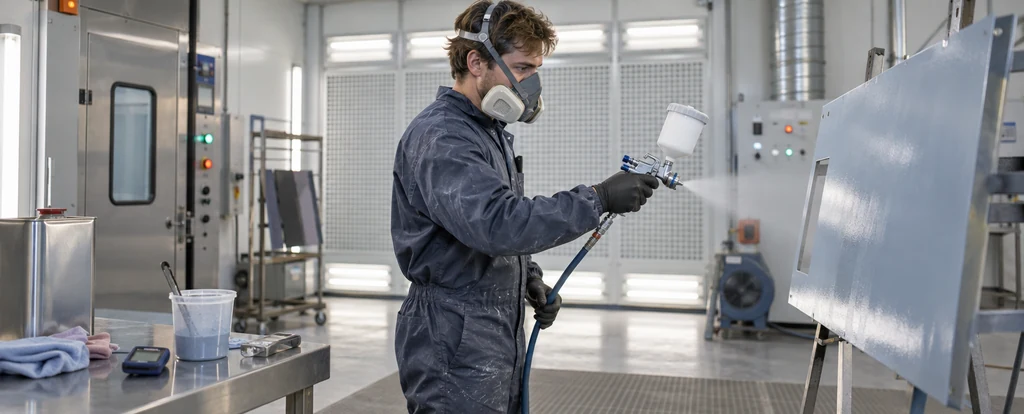 Illustration of a person working as an industrial spray painter