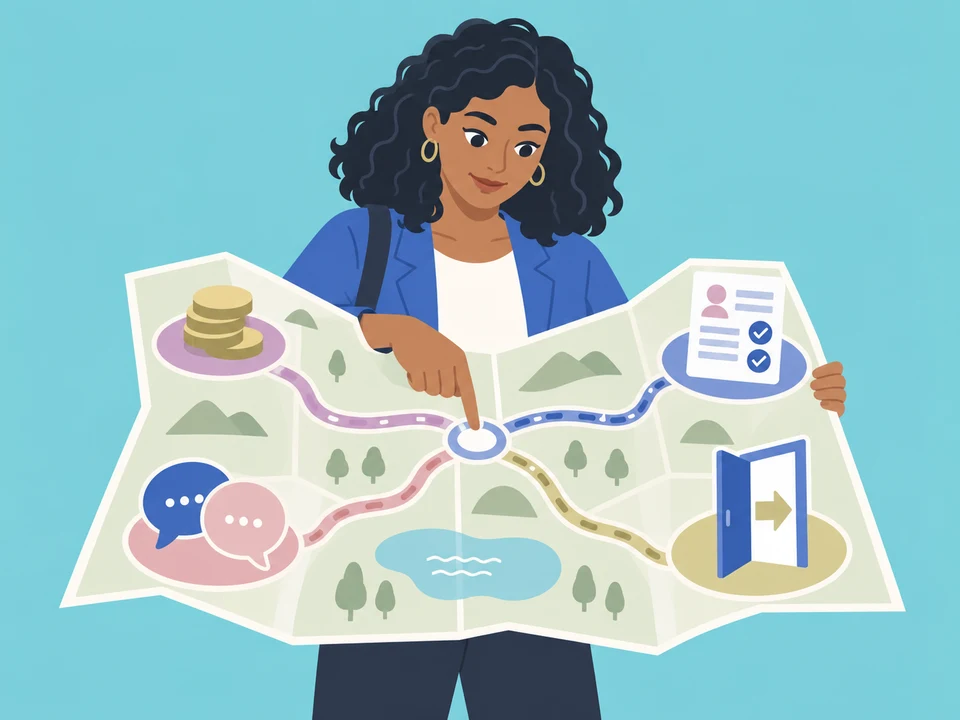 Illustration of a person tracing a route across a career map, with paths leading to pay, resume, interview and career-change symbols.