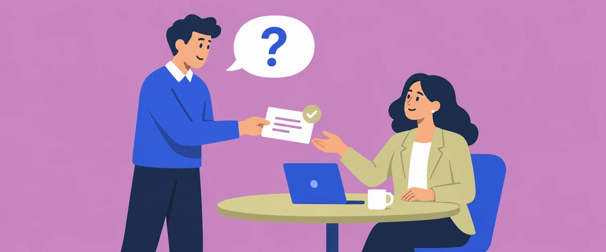 An illustration of one person offering a card across a small table to another who reaches to accept it, with a question mark in a speech bubble and a tick on the corner of the card.