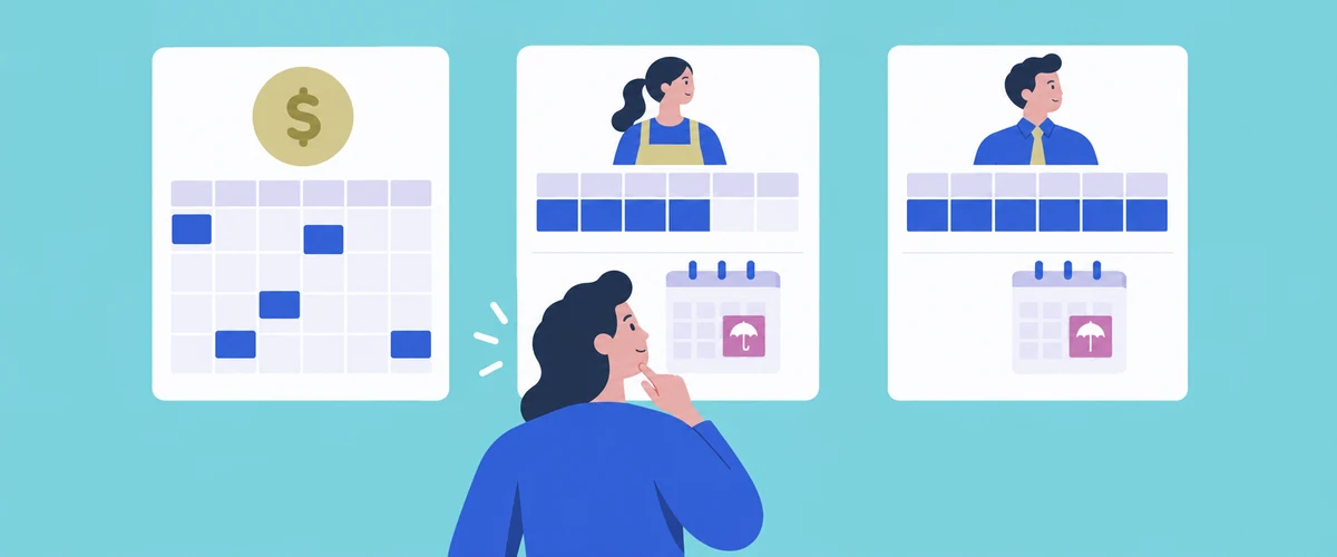 An illustration of a worker comparing three roster cards with different patterns of shifts and benefits, representing casual, part-time and full-time work.