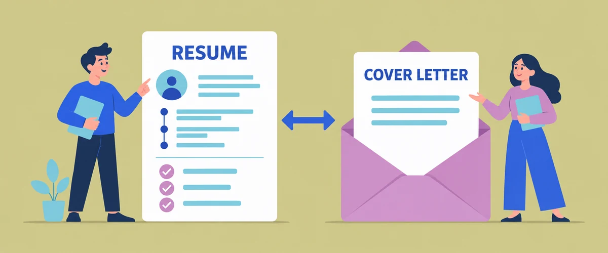 An illustration comparing a structured page marked RESUME with a shorter document marked COVER LETTER emerging from an envelope, joined by a two-way arrow.