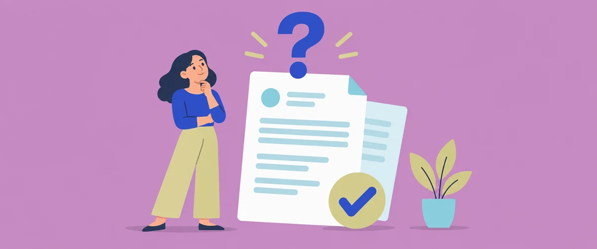 An illustration of a cover letter with a large question mark above it and a tick resting on the bottom corner.