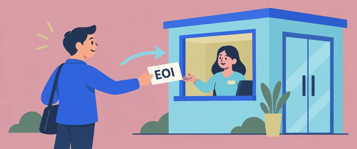 An illustration of a person proactively handing a card marked EOI through an office reception window when no job has been advertised.