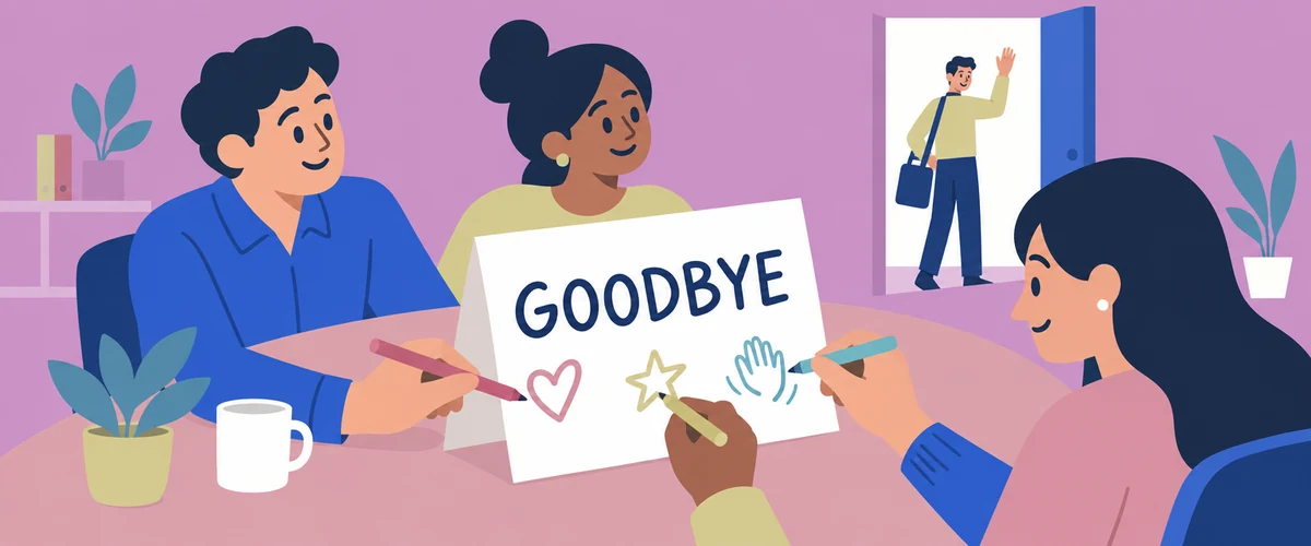 An illustration of three hands adding symbols to a workplace card marked GOODBYE while a departing colleague waves from an open doorway.