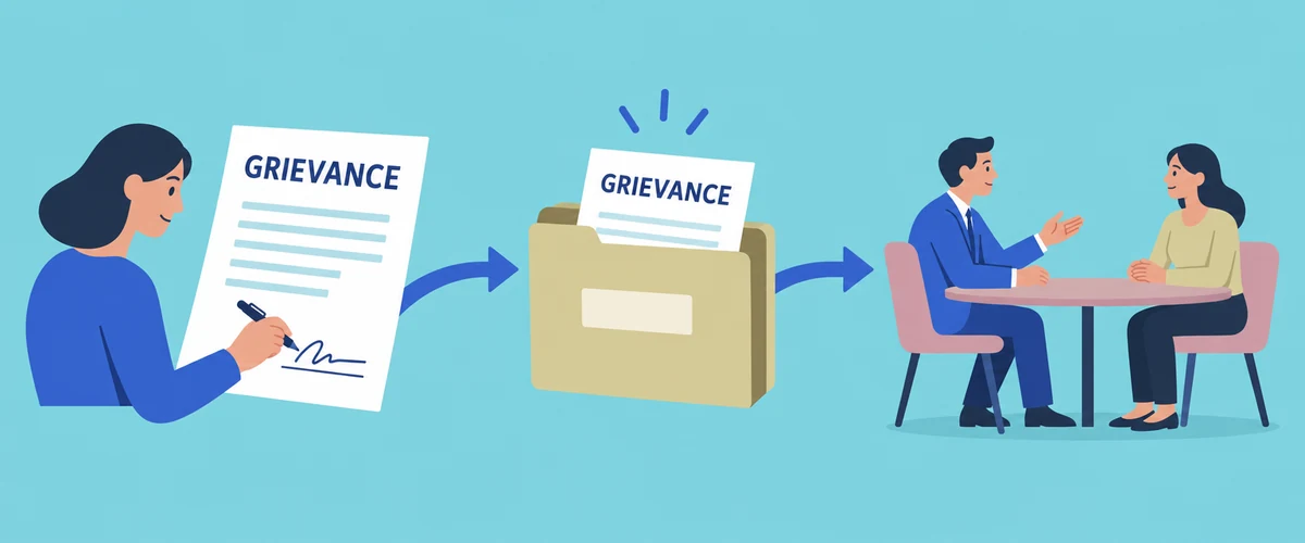 An illustration showing a signed grievance document moving into a workplace folder and then to a calm meeting between two people.