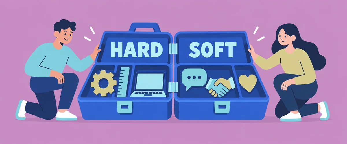 An illustration of an open toolbox divided into hard skills, represented by technical tools, and soft skills, represented by communication and teamwork symbols.