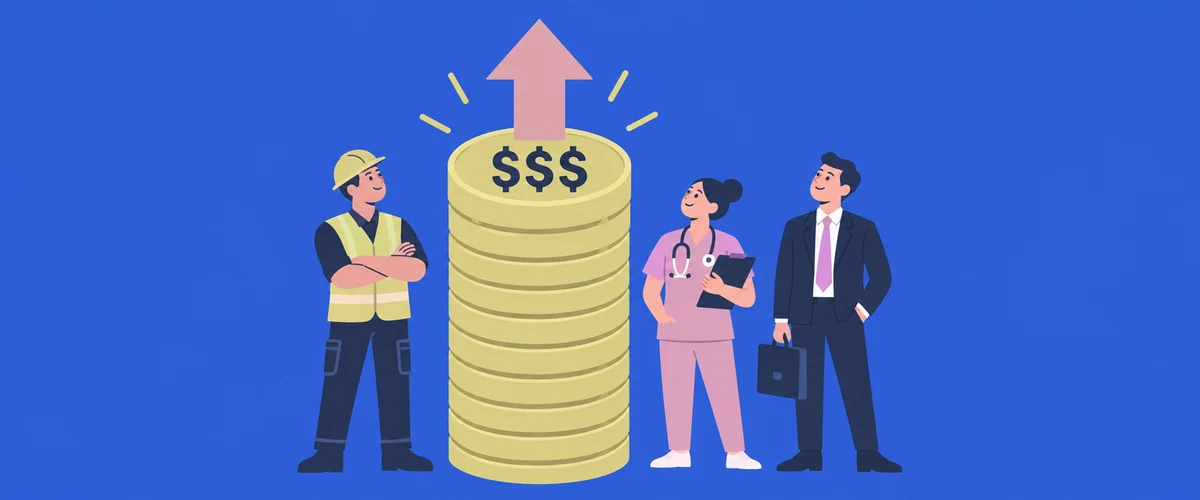 An illustration of a tall stack of coins topped with an upward arrow, standing beside three small figures carrying a hard hat, a stethoscope and a briefcase.