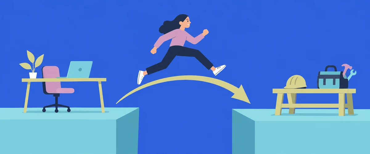 An illustration of a person stepping across a gap between two platforms, one holding a desk and laptop and the other a workbench with a hard hat, with a curved arrow tracing the move.