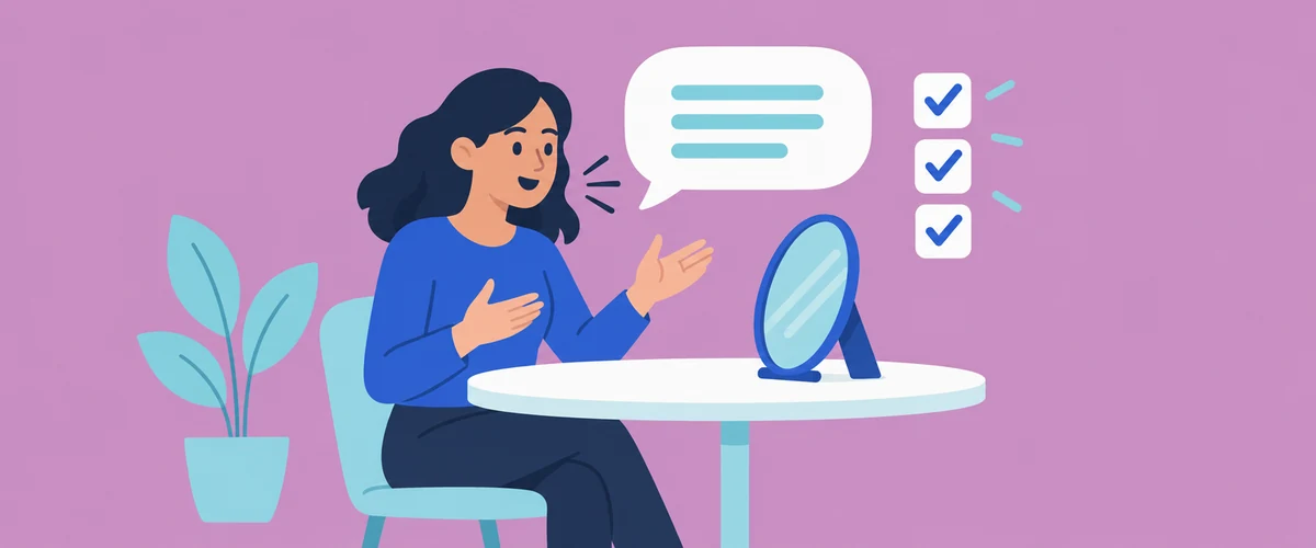 An illustration of a person practising out loud at a small table with a propped mirror, an empty speech bubble above them and three ticked boxes beside it.
