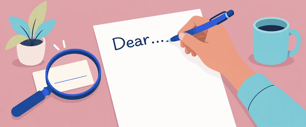 An illustration of a hand writing Dear at the top of a blank cover-letter page, with a magnifying glass over a blank name card.