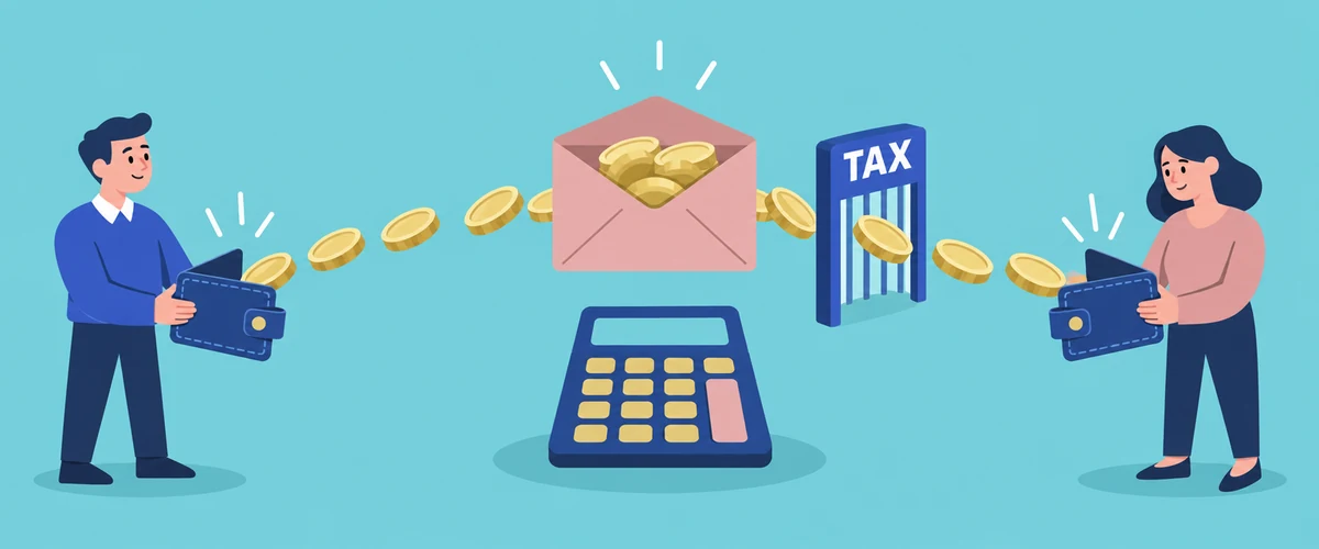 An illustration of redundancy coins splitting between two wallets, with one stream passing through a gate marked TAX and a calculator below.