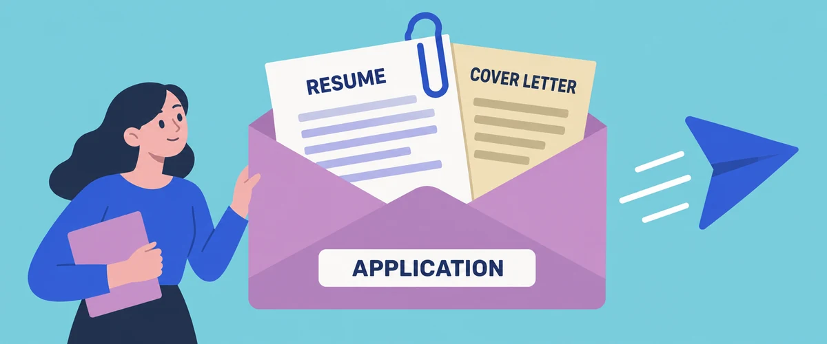 An illustration of an email envelope marked APPLICATION with RESUME and COVER LETTER documents attached by a paperclip and a send arrow pointing outward.