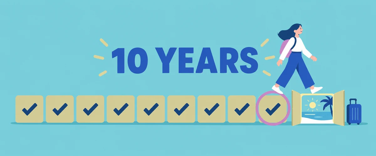 An illustration of ten blocks in a row marking years of service, the first eight ticked, the ninth circled and the tenth opening into a sunny break with a suitcase beside it.