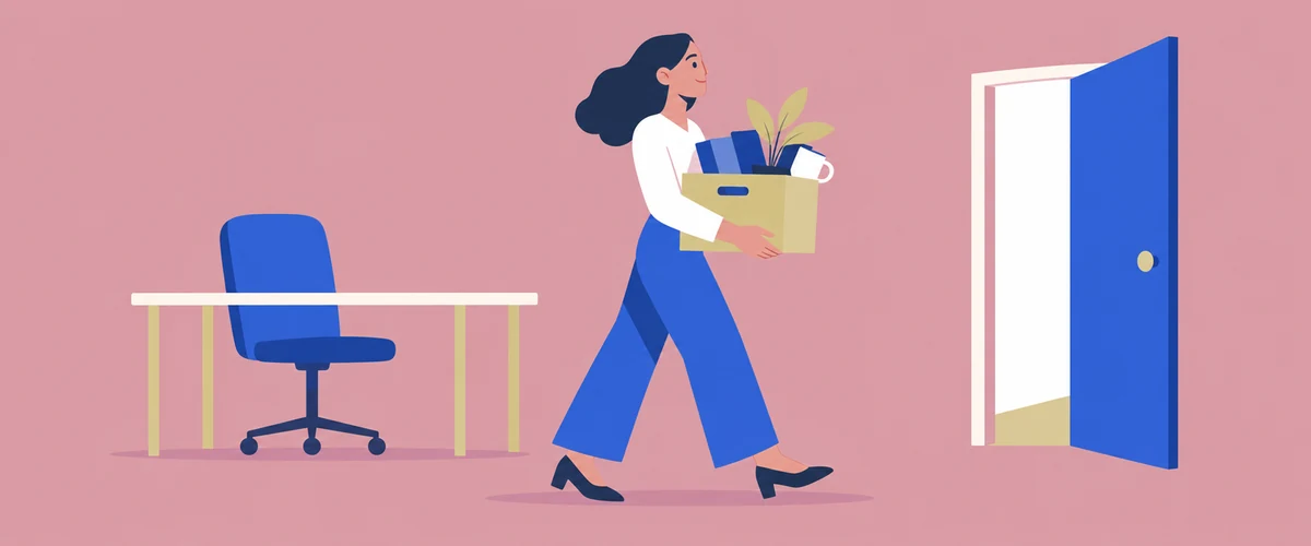An illustration of a person walking away from a bare desk carrying a cardboard box with a plant and a mug poking out, and an open door ahead.