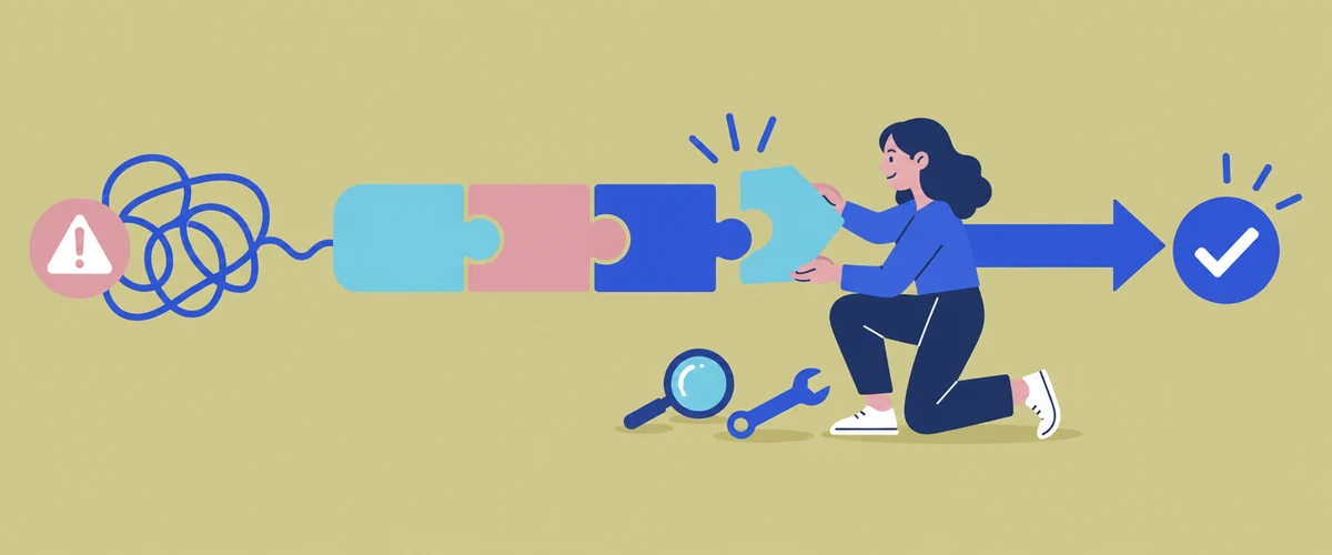 An illustration of a worker fitting the final piece into a broken workflow, turning a tangled warning into a clear path ending in a tick.