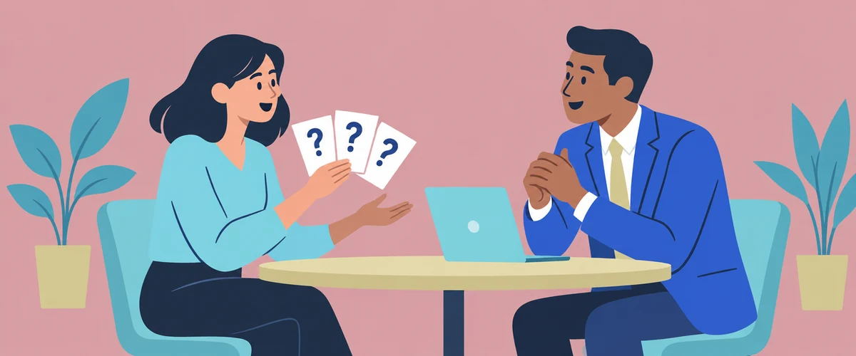 An illustration of a job candidate holding three question cards while asking an interviewer questions across a table.