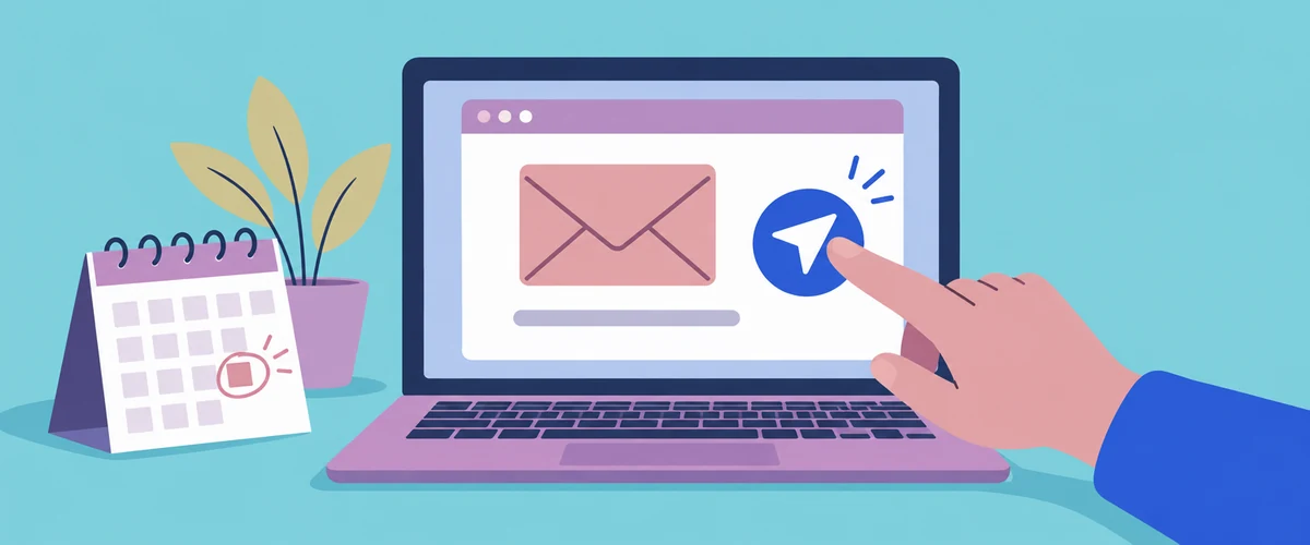 An illustration of a hand sending an email from a laptop, with an envelope on the screen and a final date circled on a desk calendar.