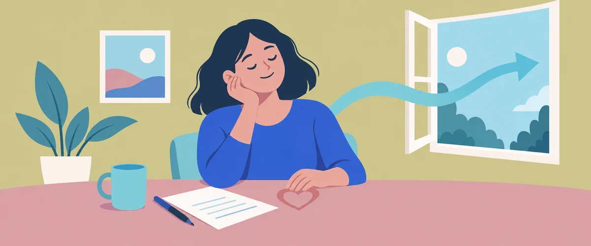 An illustration of a tired employee sitting calmly at home beside a resignation letter, with an open window and a gentle arrow leading outward.