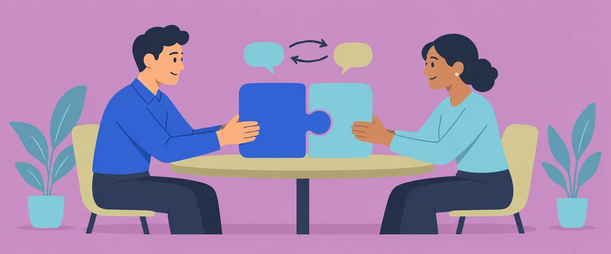 An illustration of two colleagues calmly joining two large puzzle pieces across a table, with balanced speech bubbles above them.