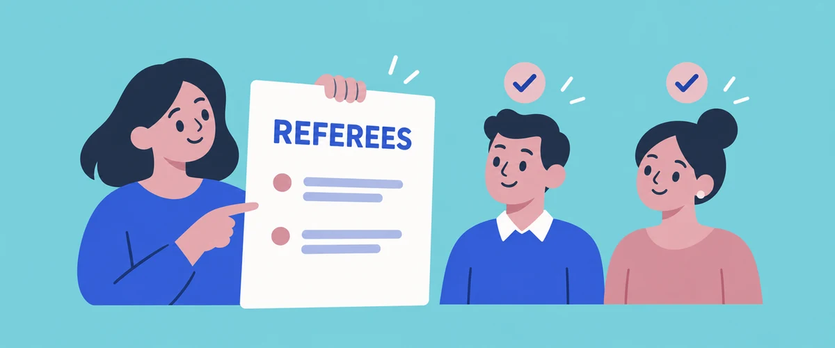 An illustration of a resume page with a short bulleted list, standing beside two simple figures each with a tick floating above them.