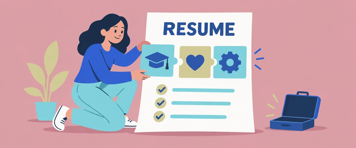 An illustration of a young job seeker adding education, volunteering and project tiles to a page marked RESUME while an empty briefcase sits to one side.