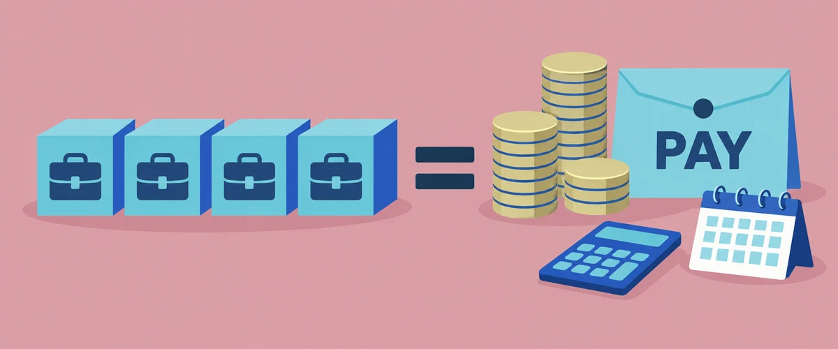 An illustration of four work-year blocks equalling a stack of coins and a final-pay envelope marked PAY, with a calculator and calendar beside them.