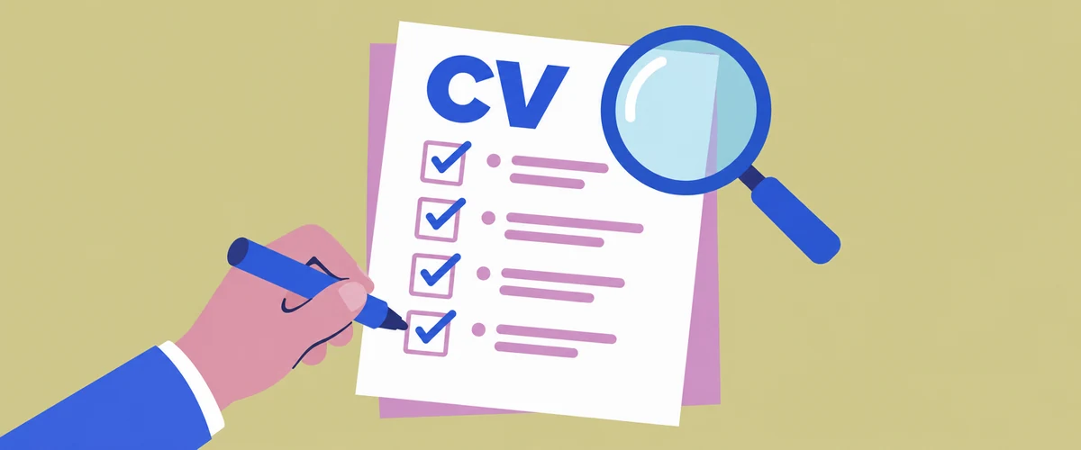 An illustration of a resume page with ticked checkboxes and a short bulleted list, a hand adding another tick with a marker, and a magnifying glass over the corner.