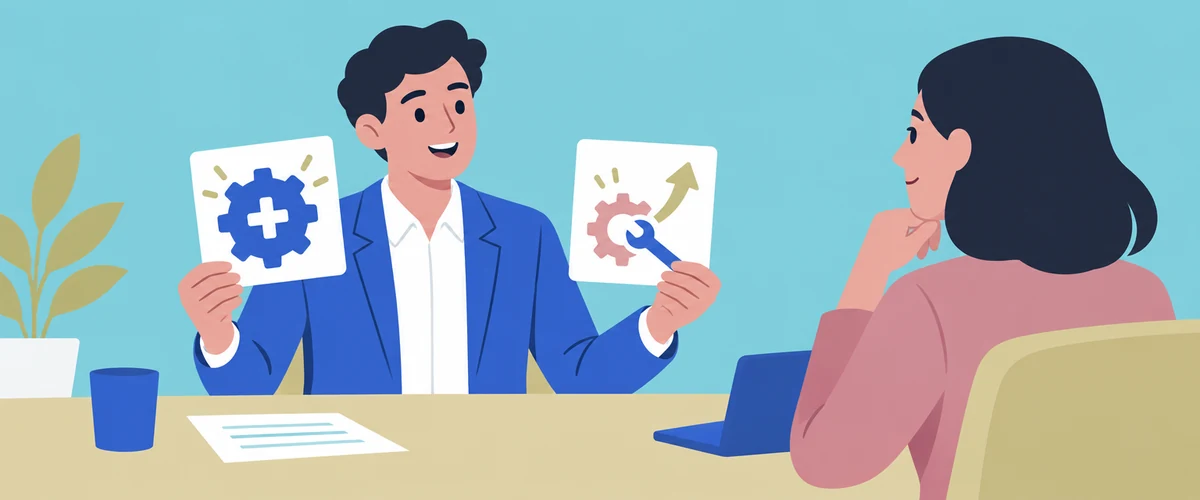 An illustration of a job candidate presenting one card with a completed gear and another with a gear being improved while an interviewer listens.