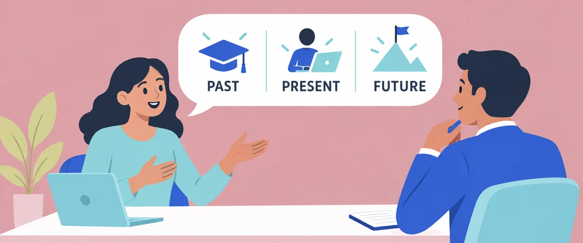 An illustration of a job candidate answering a question, with a speech bubble split into three blocks reading past, present and future, and an interviewer listening opposite.