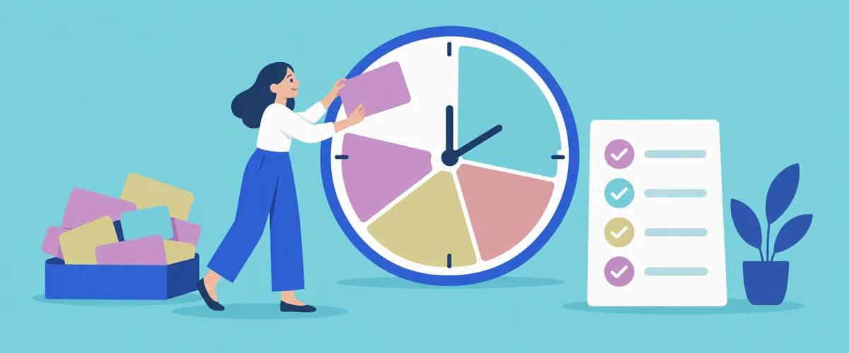 An illustration of a worker fitting coloured task blocks into open sections of a large clock beside a prioritised checklist.