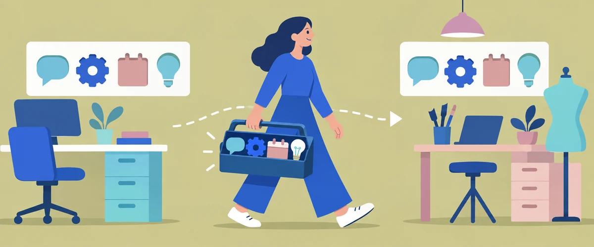 An illustration of a worker carrying a toolbox of communication, organisation and technical skill symbols from one workplace to a different one.