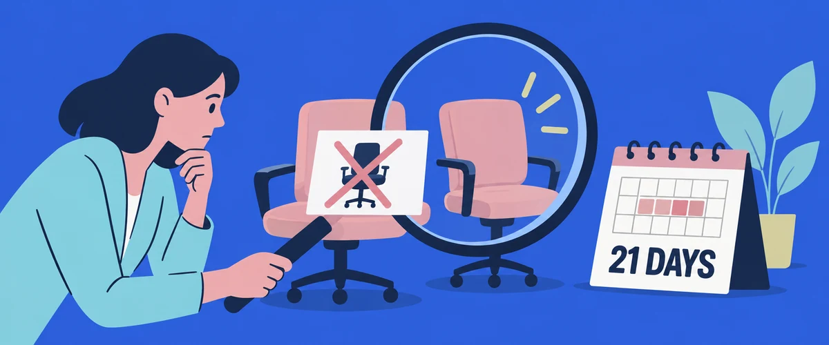 An illustration of a person using a magnifying glass to find an identical job chair behind a crossed-out chair card, beside a calendar marked 21 DAYS.