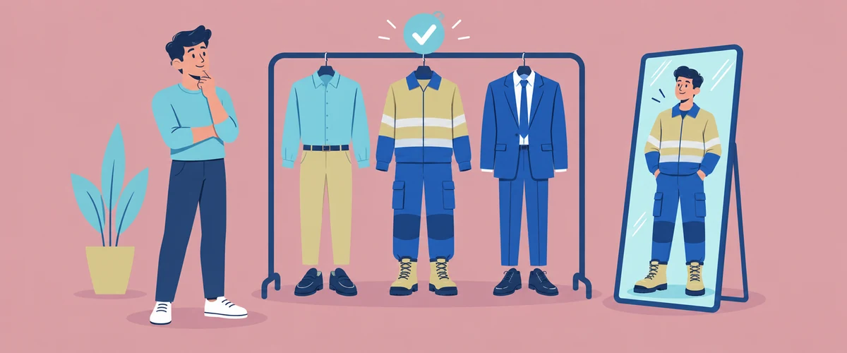 An illustration of a job candidate comparing smart-casual, trade and formal interview outfits on a clothes rail and in a mirror.