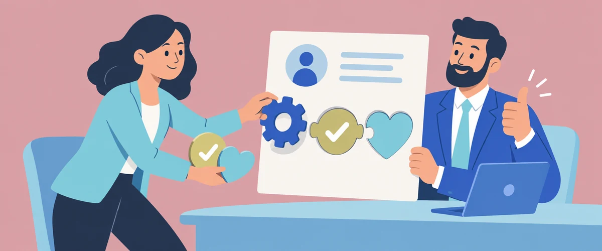 An illustration of a job candidate fitting skill, results and motivation pieces into matching spaces on a job brief held by an interviewer.