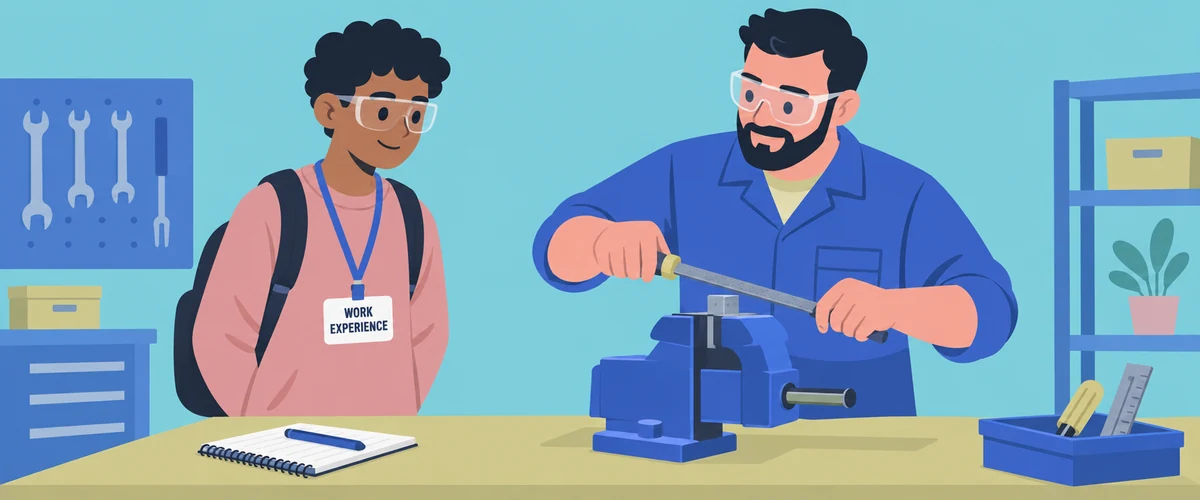An illustration of a secondary school student and supervisor both wearing safety glasses as the student observes a safe workshop demonstration beside a card marked WORK EXPERIENCE.
