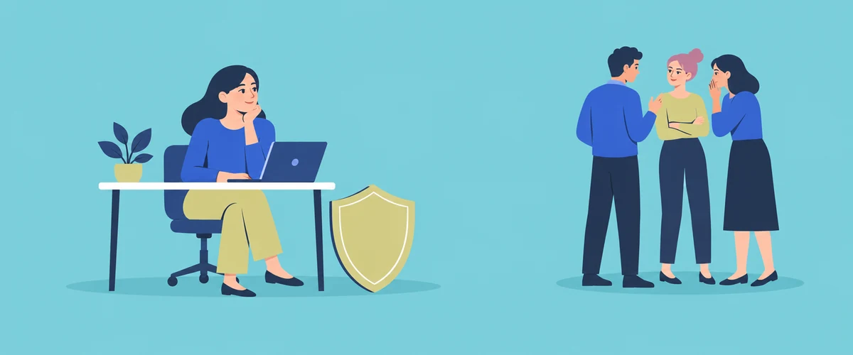 An illustration of a person sitting alone at a desk with a shield beside them, while a small group of figures stands some distance away.