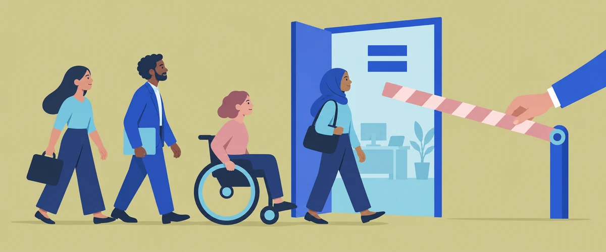 An illustration of a diverse group approaching the same workplace doorway while an unfair barrier blocks one worker and a hand lifts it away.