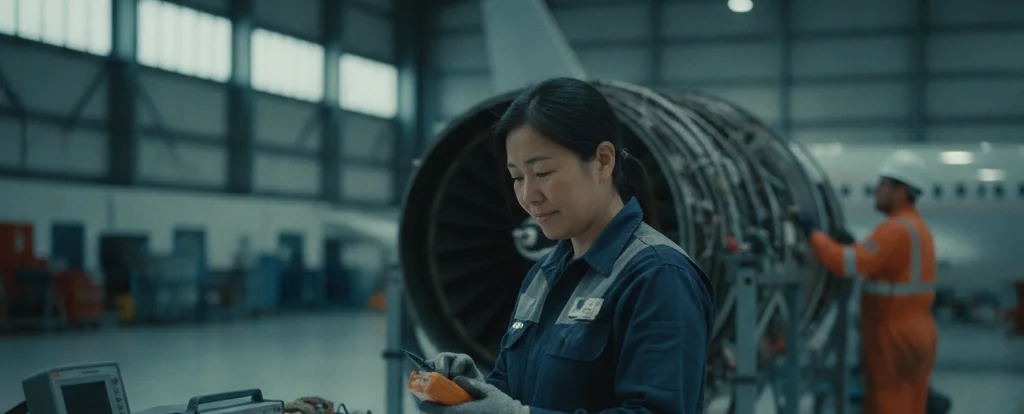 Illustration of a person working as an aircraft maintenance engineer