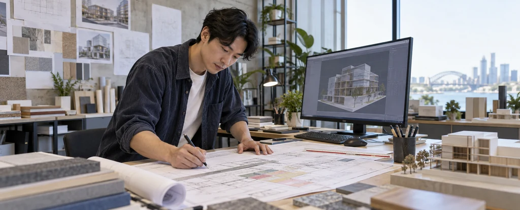 Illustration of a person working as an architectural drafter