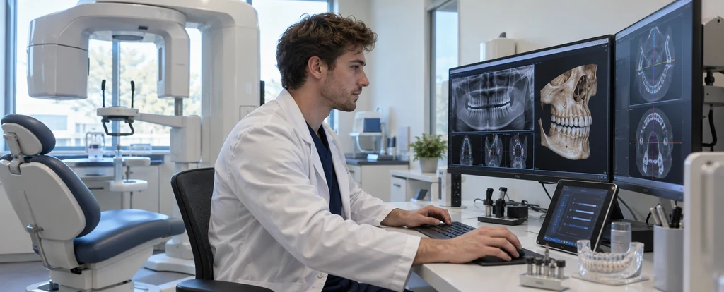 Illustration of a person working as a dento-maxillofacial radiologist