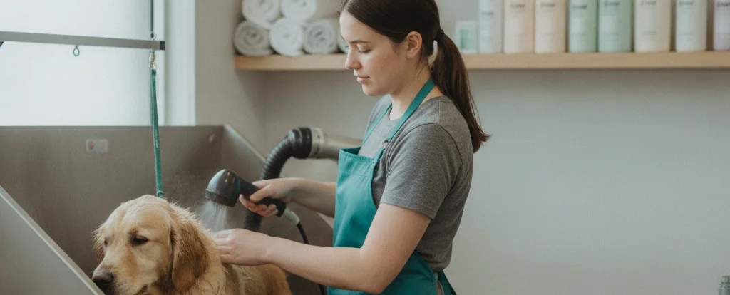 Illustration of a person working as a dog groomer