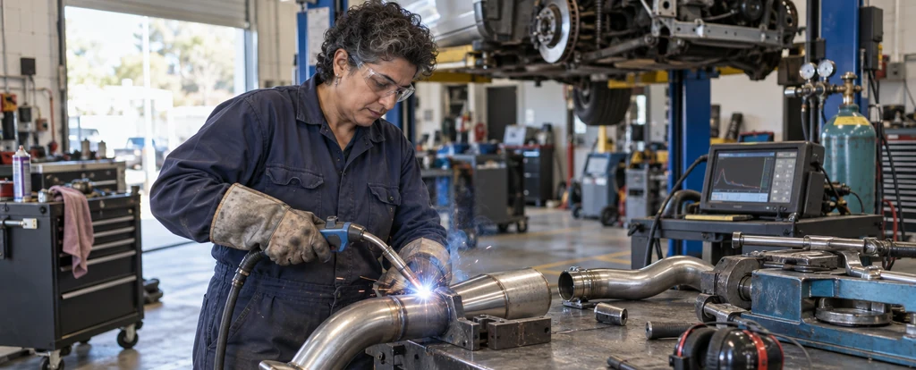 Illustration of a person working as an exhaust fitter