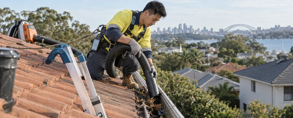 Illustration of a person working as a gutter cleaner