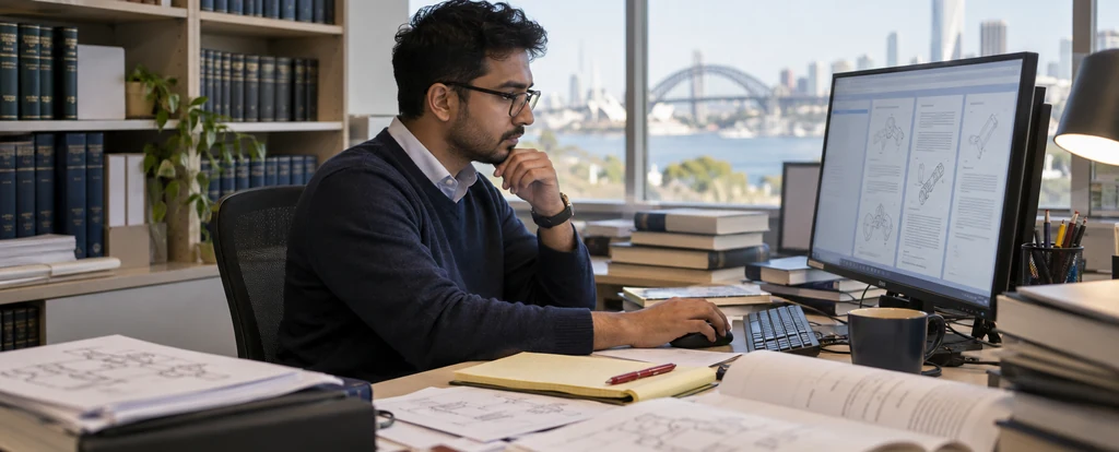 Illustration of a person working as a patents examiner