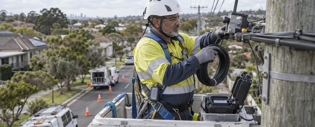 Illustration of a person working as a telecommunications linesworker