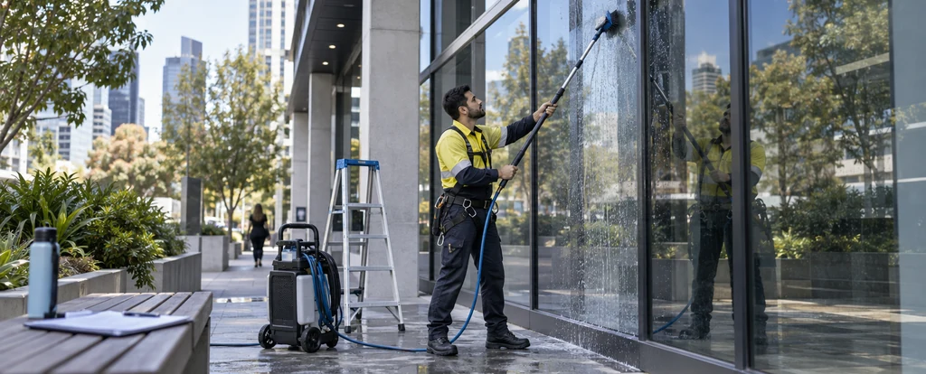 Illustration of a person working as a window cleaner