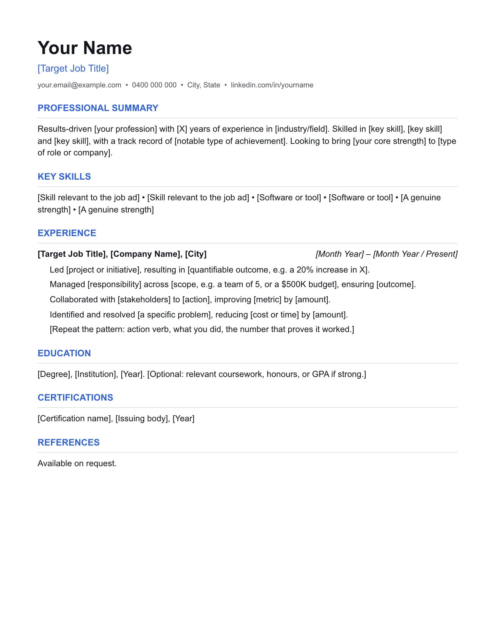Blank resume template preview: professional summary, key skills, experience bullet points and education sections with bracketed placeholders